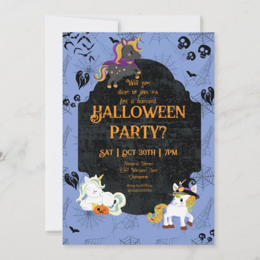 キュートなハロウィンのユニコーン1パーティー 招待状 (正面)