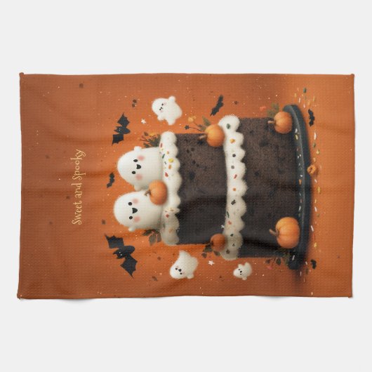 キュートなハロウィンの幽霊ケーキ 小さなブー キッチンタオル (横)