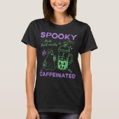 キュートなハロウィンの幽霊コーヒー好きグリーン+パープル Tシャツ (正面)