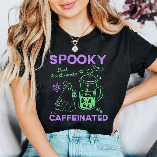 キュートなハロウィンの幽霊コーヒー好きグリーン+パープル Tシャツ