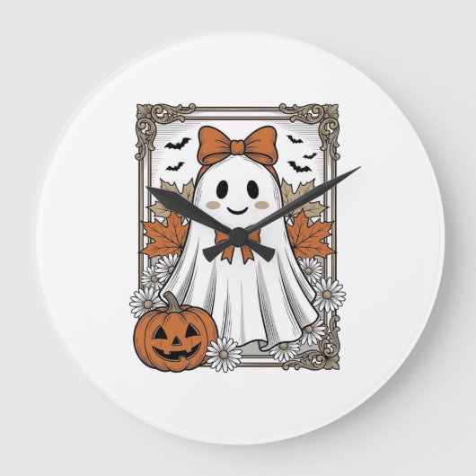 キュートなハロウィンの幽霊 ビンテージの彫刻Tシャツ デザイン ラージ壁時計 (正面)