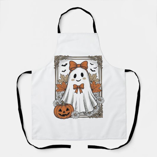 キュートなハロウィンの幽霊 ビンテージ風彫刻Tシャツ デザイン エプロン (正面)