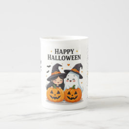 キュートなハロウィンの魔女と幽霊のマグカップデザイン ボーンチャイナマグカップ