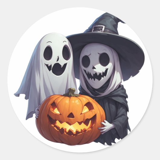 キュートなハロウィンの魔女と幽霊の友達 🧙♀️ ラウンドシール (正面)