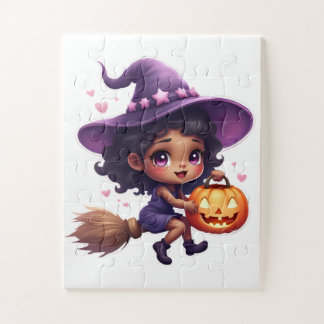 キュートなハロウィンの魔女パズル - カボチャを持つ小さな女の子 ジグソーパズル