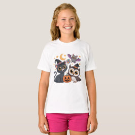 キュートなハロウィン 子供 猫 フクロウ Tシャツ