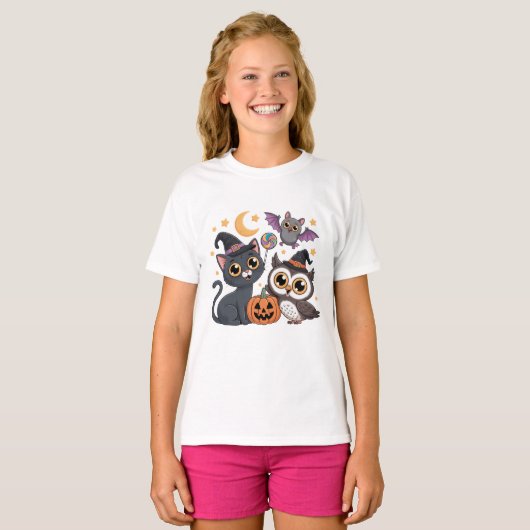 キュートなハロウィン 子供 猫 フクロウ Tシャツ (正面フル)