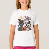キュートなハロウィン 子供 猫 フクロウ Tシャツ (正面)