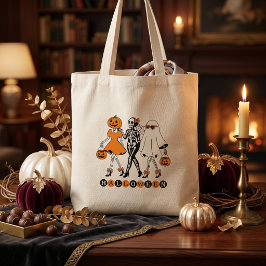 キュートなハロウィーンの女の子 スケルトン ゴースト パンプキン トートバッグ