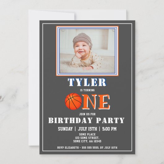 キュートなバスケットボールの写真第1誕生日 招待状 (正面)