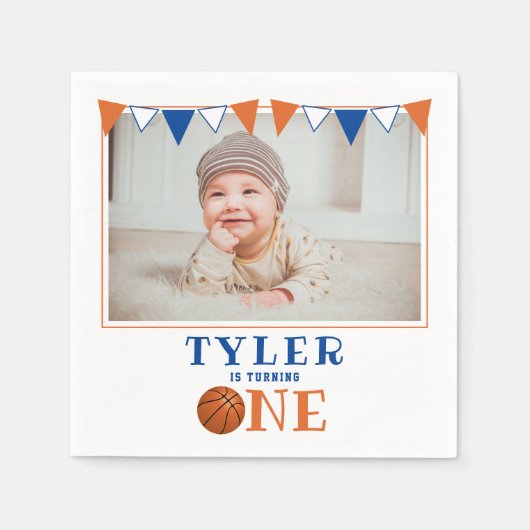 キュートなバスケットボール1st誕生日フォトバースデーパーティー スタンダードカクテルナプキン (正面)