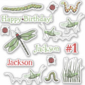 キュートなバッタの誕生日パーティー好きバグ&名前 シール (正面)