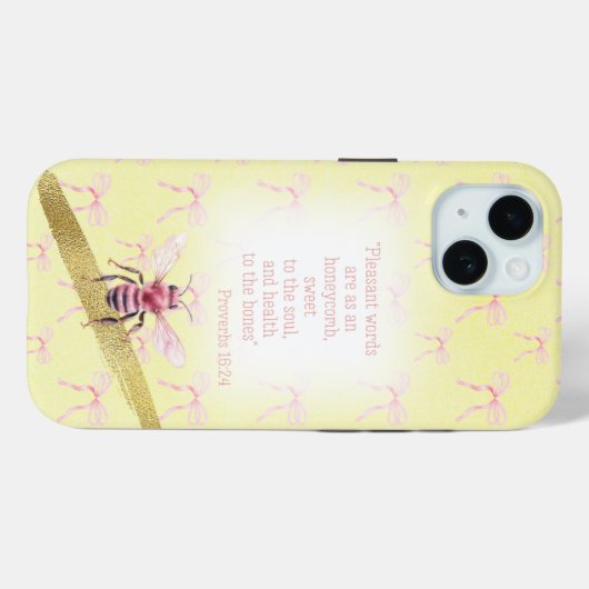 キュートなパステルイエロー ピンクのリボングリッド ビブル ピンクの蜂 Case-Mate iPhoneケース (裏面 (横))