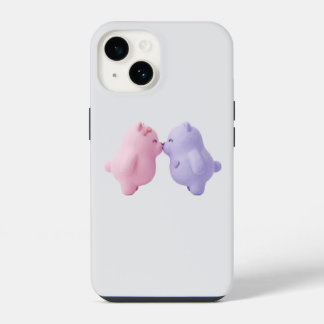 キュートなパステルカラーのキスをするクマのミニマリストスマホケース iPhone 14ケース