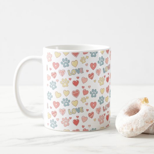 キュートなパステル調の肉球プリントとハートの"LOVE"パターン コーヒーマグカップ (ドーナツ)