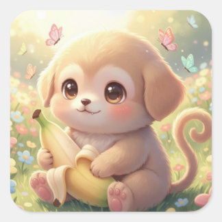 キュートなパピーモンキー・ハイブリッド - サニーメドウ・ファンタジー スクエアシール