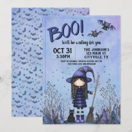 キュートなパープルの魔女の子供たちのハロウィン 招待状