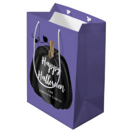 キュートなパープルスクリプトのカボチャ ハッピー ハロウィン ミディアムペーパーバッグ