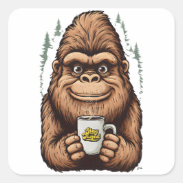キュートなビッグフットがコーヒーを飲む 面白いサスカッチ スクエアシール
