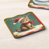 キュートなビンテージタビーキャットのクリスマス コースター (左側)