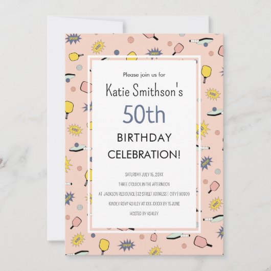 キュートなピックルボールパーティー 50歳の誕生日招待状 招待状 (正面)