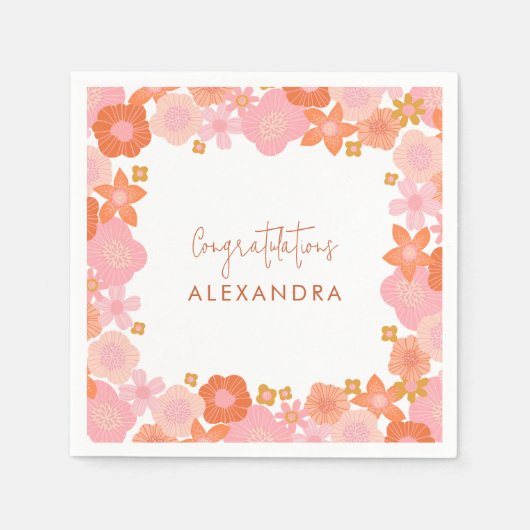 キュートなピンクとオレンジのフローラ縁ど卒業 スタンダードカクテルナプキン (正面)