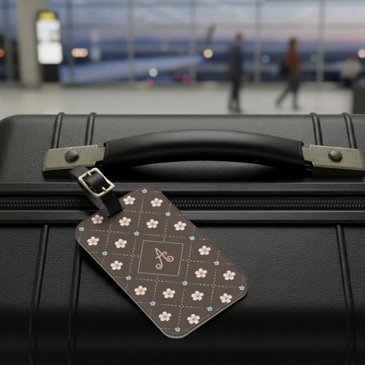 キュートなピンクとブルーの花を茶色に ラゲッジタグ