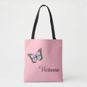 キュートなピンクと黒のキュラシースクリプト名バタフライ トートバッグ (正面)