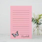 キュートなピンクと黒のスクリプト名バタフライカラフル 便箋 (スタンド正面)