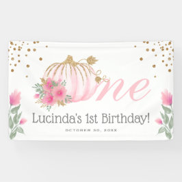 キュートなピンクのかぼちゃの花とゴールドの1歳の誕生日パーティー 横断幕