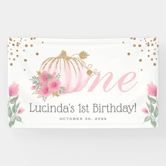 キュートなピンクのかぼちゃの花とゴールドの1歳の誕生日パーティー 横断幕 (横)