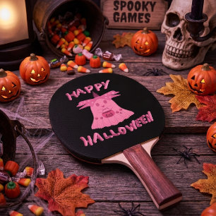 キュートなピンクのオバケのハッピーハロウィンデジタルアート 卓球ラケット