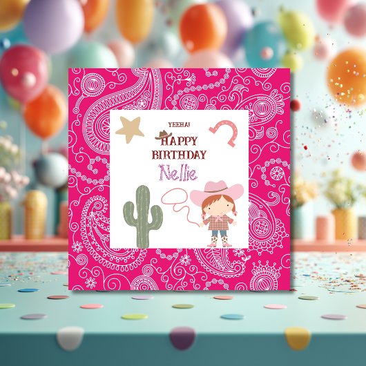 キュートなピンクのカウガールの子供の誕生日 カード