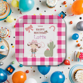 キュートなピンクのカウガールの子供の誕生日 ペーパープレート