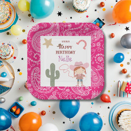 キュートなピンクのカウガールの子供の誕生日 ペーパープレート
