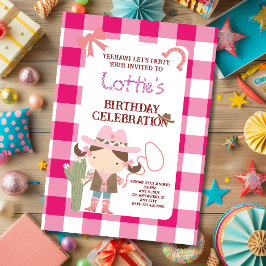 キュートなピンクのカウガールの子供の誕生日 招待状