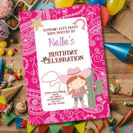 キュートなピンクのカウガールの子供の誕生日 招待状
