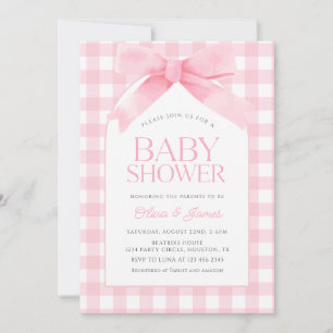 キュートなピンクのギンガムBow Girl Baby Shower 招待状