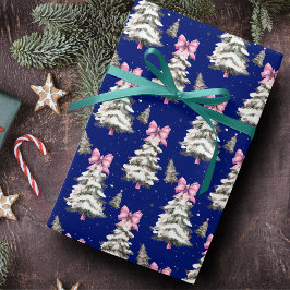 キュートなピンクのコケットリボンとクリスマスツリー ロイヤルブルー ラッピングペーパー