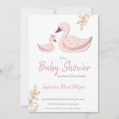 キュートなピンクのスワンと王冠の女の子の赤ちゃんシャワー 招待状 (正面)