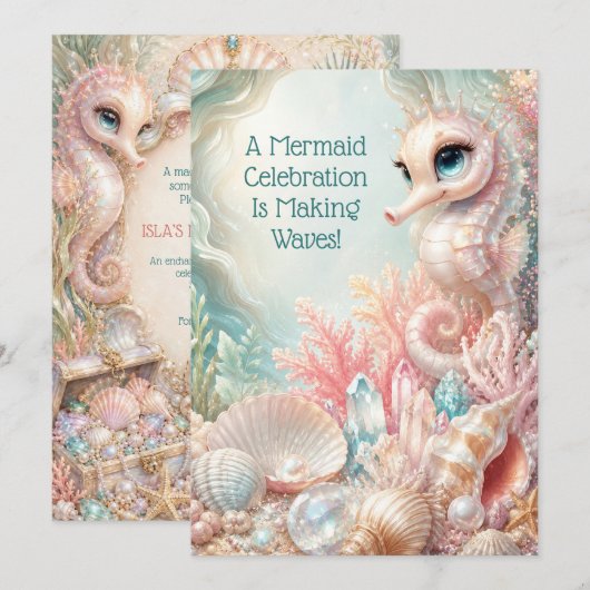 キュートなピンクのタツノオトシゴの人魚の誕生日Save the Date サンキューカード (正面/裏面)