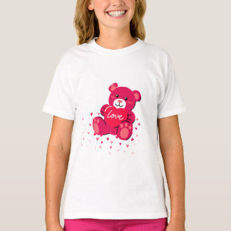 キュートなピンクのテディベア ラブ ガールズTシャツ Tシャツ