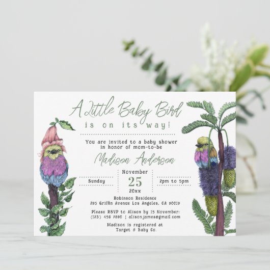 キュートなピンクのトロピカルバード サファリをテーマにしたベビーシャワー 招待状 (スタンド正面)