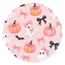 キュートなピンクのハロウィンガーゴイルとリボンパターンステッカー