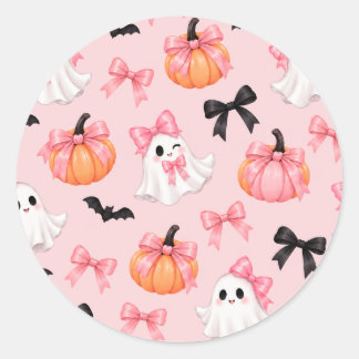 キュートなピンクのハロウィンガーゴイルとリボンパターンステッカー ラウンドシール