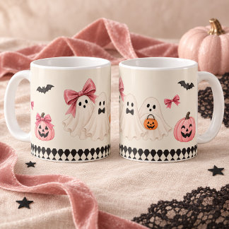キュートなピンクのハロウィーンのオバケのハーレクインマグ コーヒーマグカップ