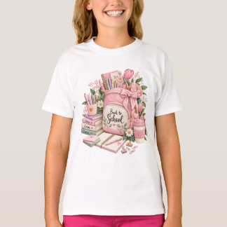 キュートなピンクのバックトゥスクールガールズTシャツ | 夢・学ぶ・成長 Tシャツ