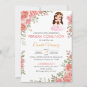 キュートなピンクのバラが最初の聖体拝領スペインの 招待状 (正面)