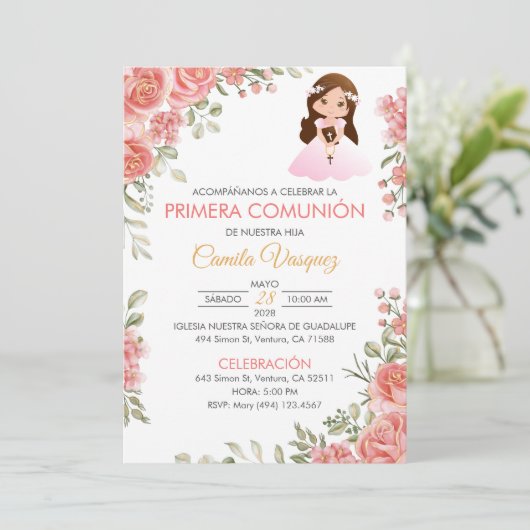 キュートなピンクのバラが最初の聖体拝領スペインの 招待状 (スタンド正面)