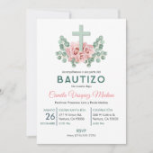 キュートなピンクのバラと葉バプティズバプテスマスペインの 招待状 (正面)